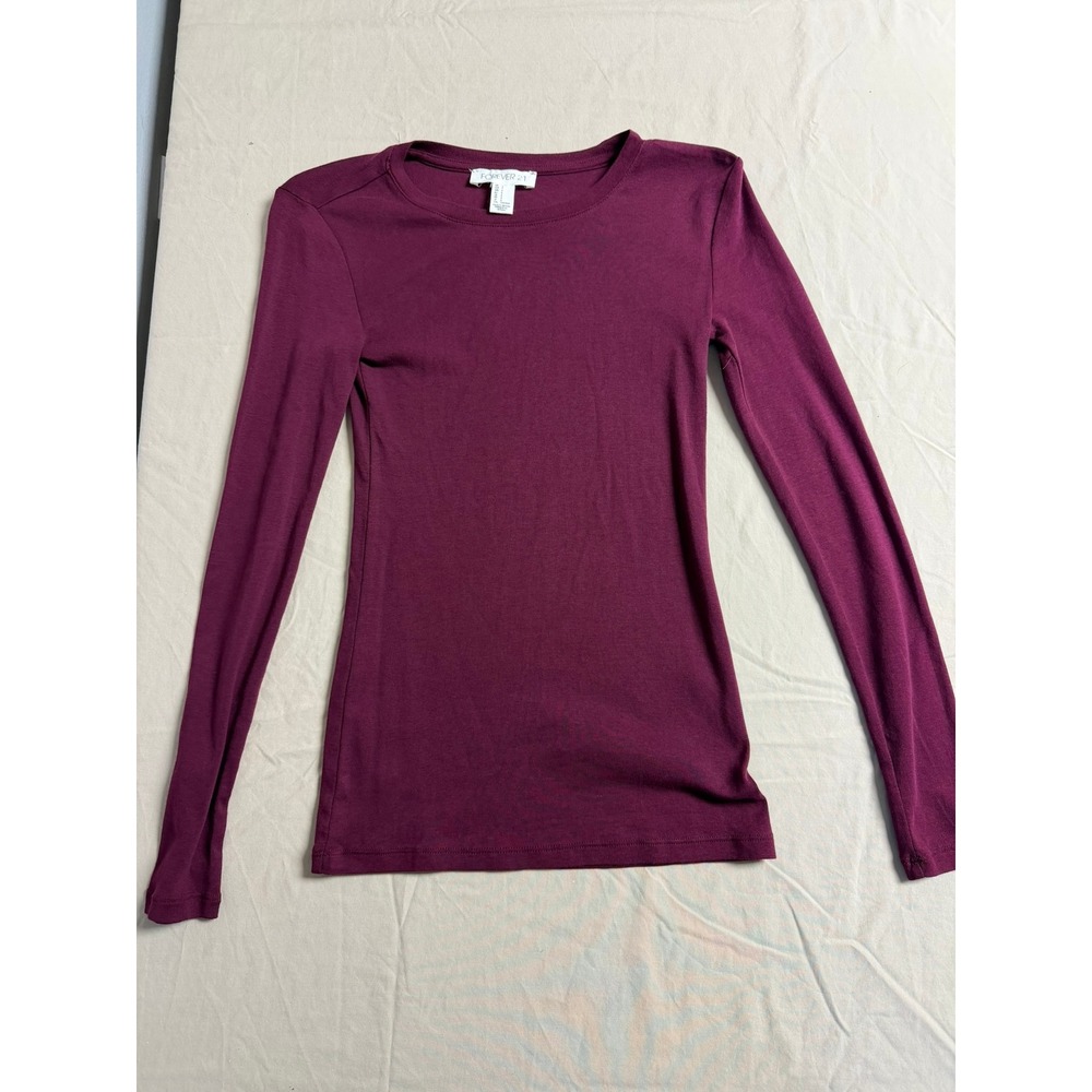 Forever 21 Womens Long Sleeve Crew Neck Basic Top Burgundy Plum Small